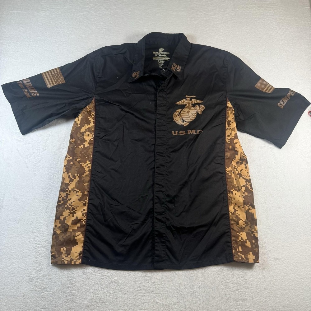 USMC Marines Shirt Mens XL Black Digital Camo JH Design Short Sleeve Button Up‎